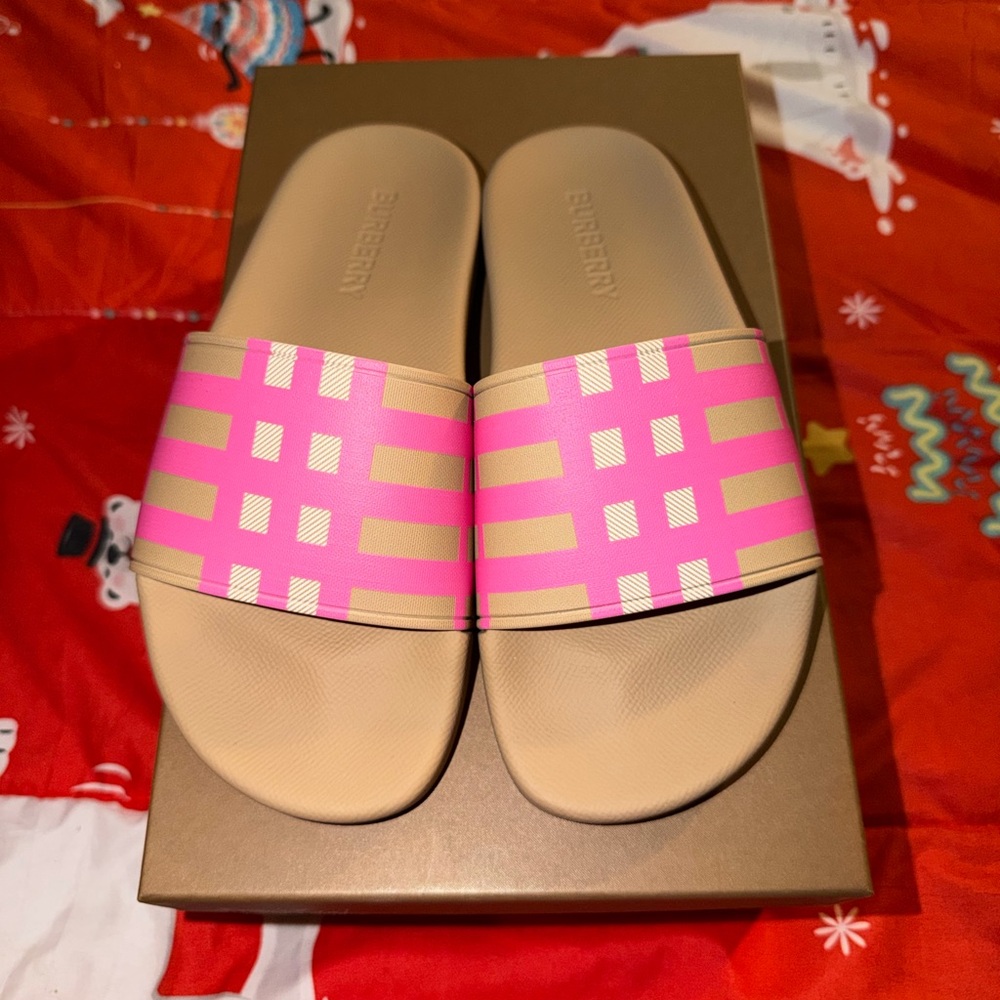 Burberry Beige and Pink Check Slides